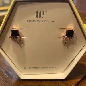 New in Box BP Original Black Onyx and CZ Stud Earrings w/ Rose Gold Plating